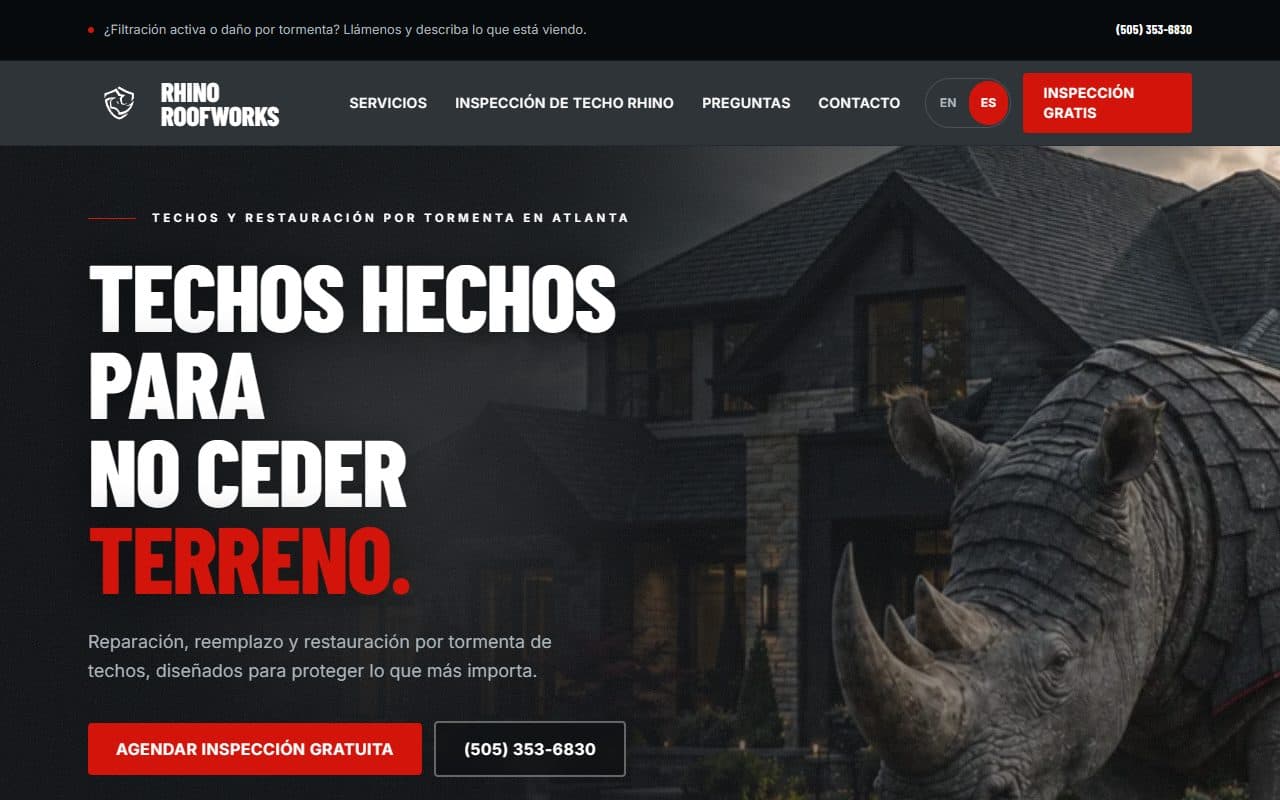 Rhino Roofworks roofing website, portfolio capture